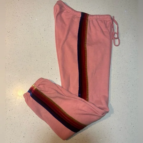 AVIATOR NATION PRE LOVED 5 STRIPE SWEATPANTS - LIGHT PINK // VELVET RAINBOW